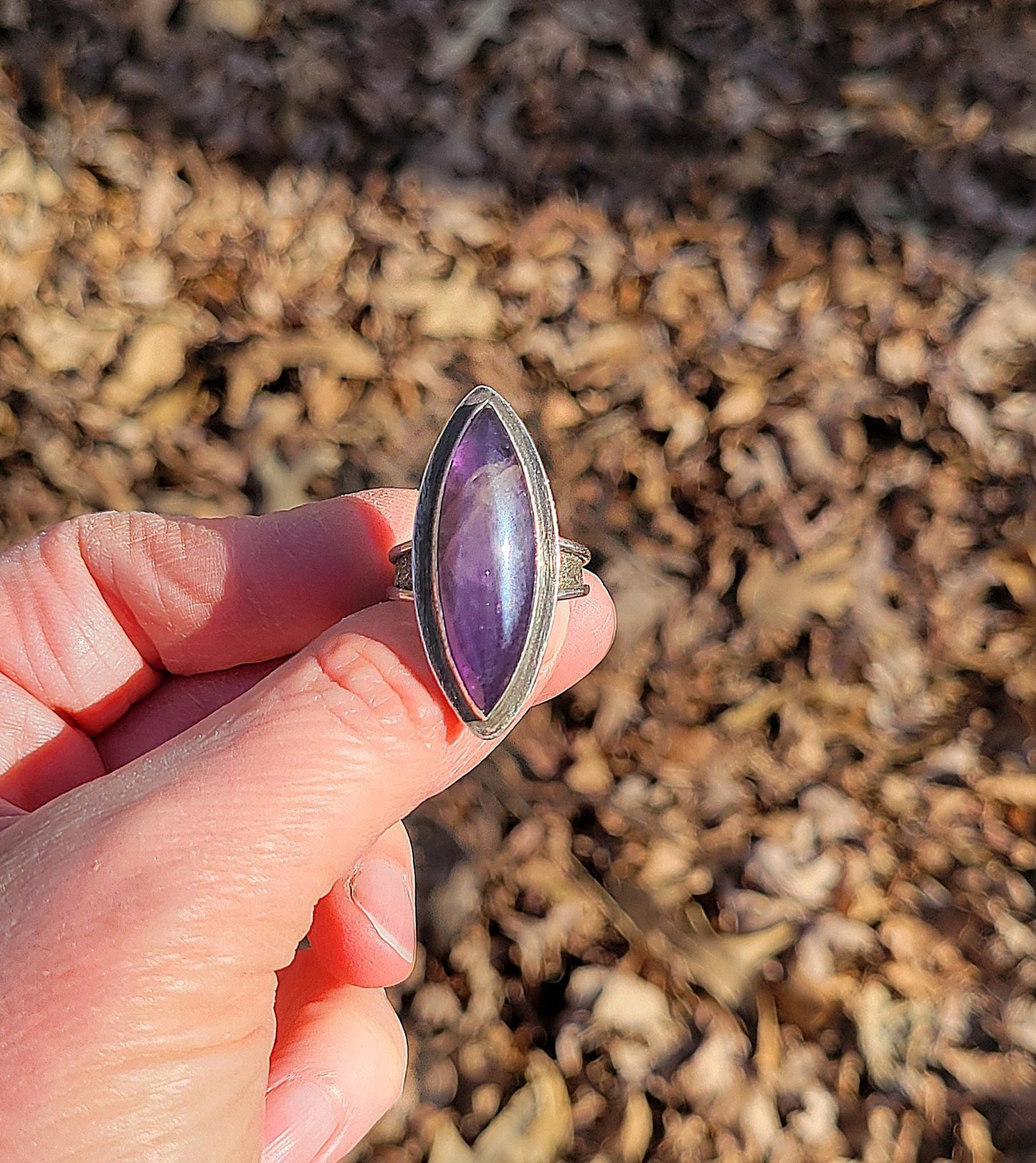 Amethyst Marquise Silver Ring - handmade, purple lavender, sterling silver, silver dusted, steel wool brushed, artisan, beautiful gift