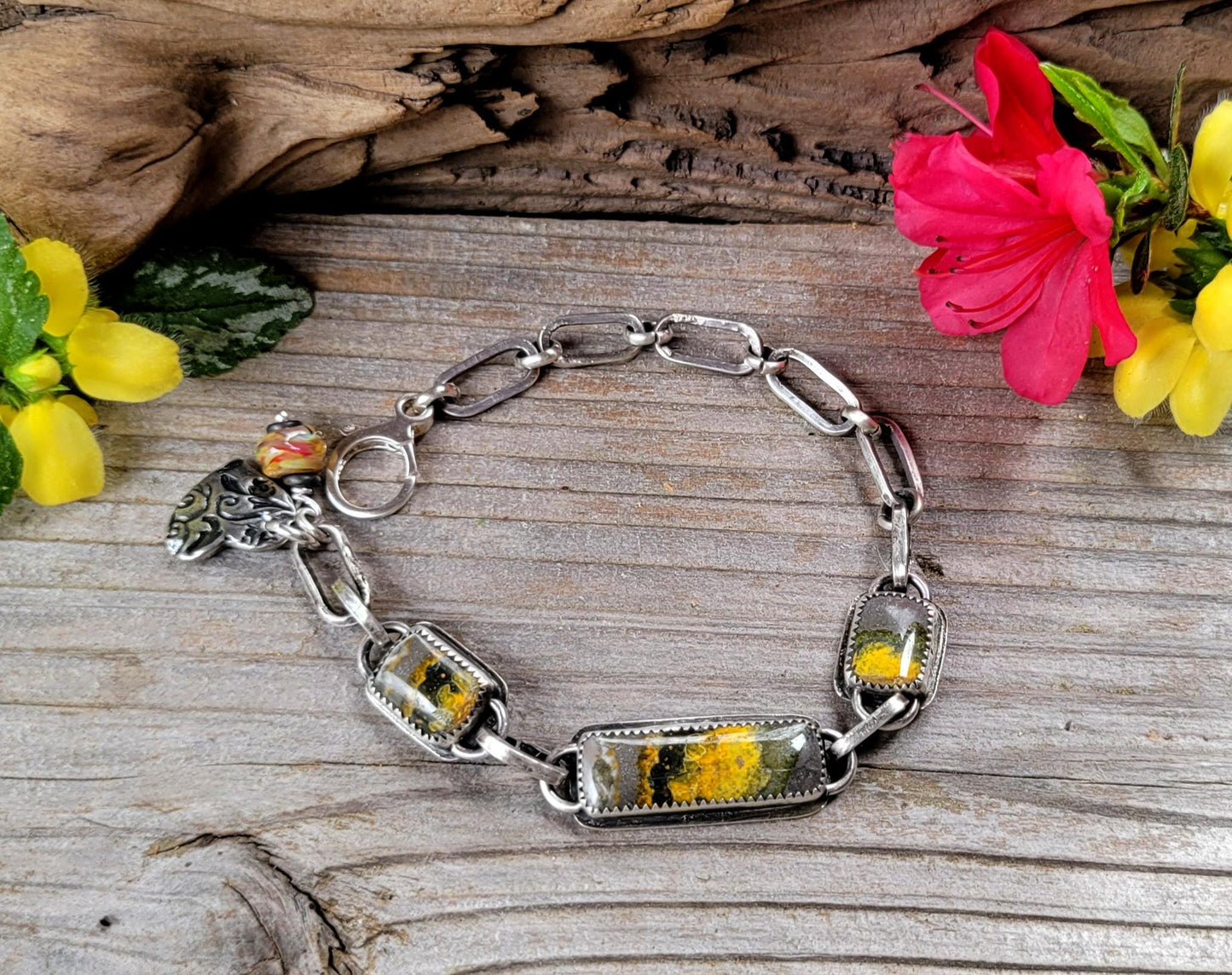 Yellow Bumblebee Jasper Sterling Silver Link Bracelet- handmade, hand crafted, natural stone, brushed matte finish, adjustable, unique, gift