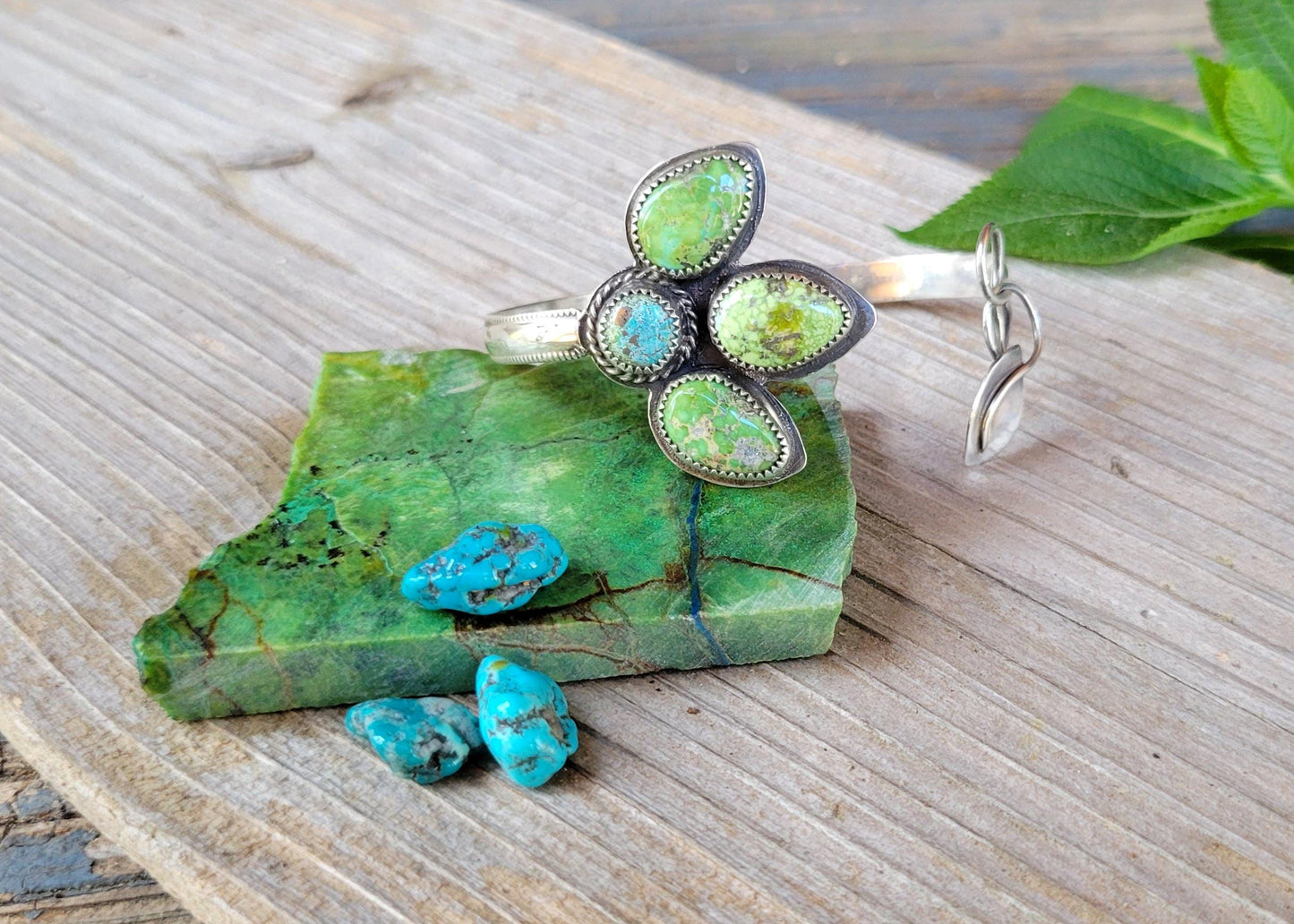Sonoran Gold Turquoise Silver Flower Cuff - handcrafted, blue, green, natural stone, handmade, leaf, petals, sterling silver, beautiful gift