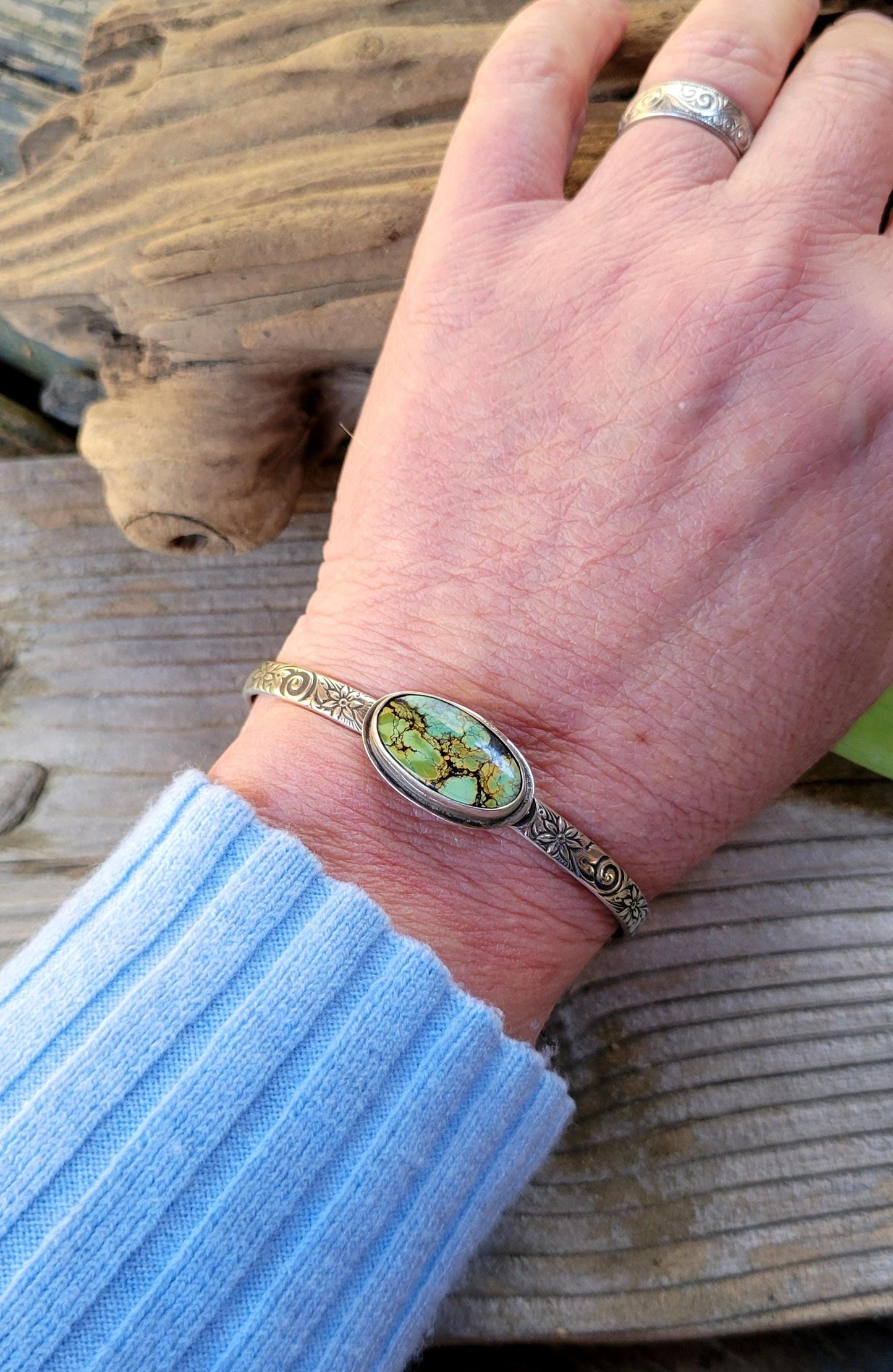 Green Turquoise Silver Cuff - handcrafted, handmade, natural green Qingu Hubei Turquoise, ethically sourced, floral pattern cuff, gift