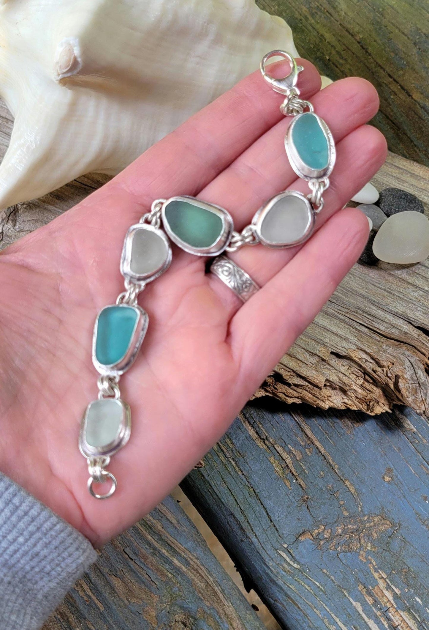 Seaglass bracelet, silver link bracelet, handmade, genuine seaglass, blue seaglass, aqua, white, sterling silver, adjustable, beautiful gift