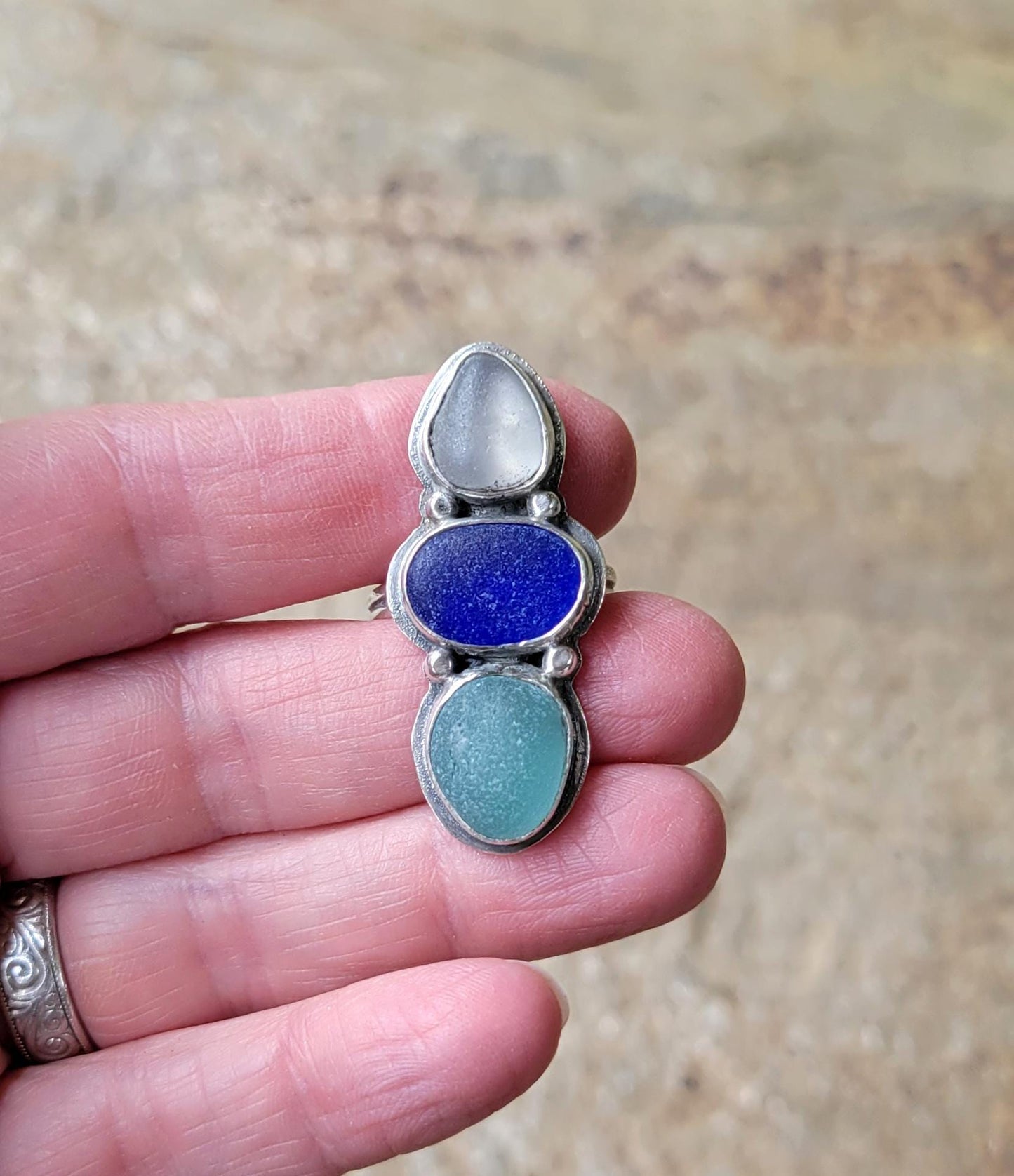Seaglass Ring - handmade ring, blue seaglass, aqua seaglas, white seaglass, genuine, sterling silver, Size 8. 25 USA, beautiful gift