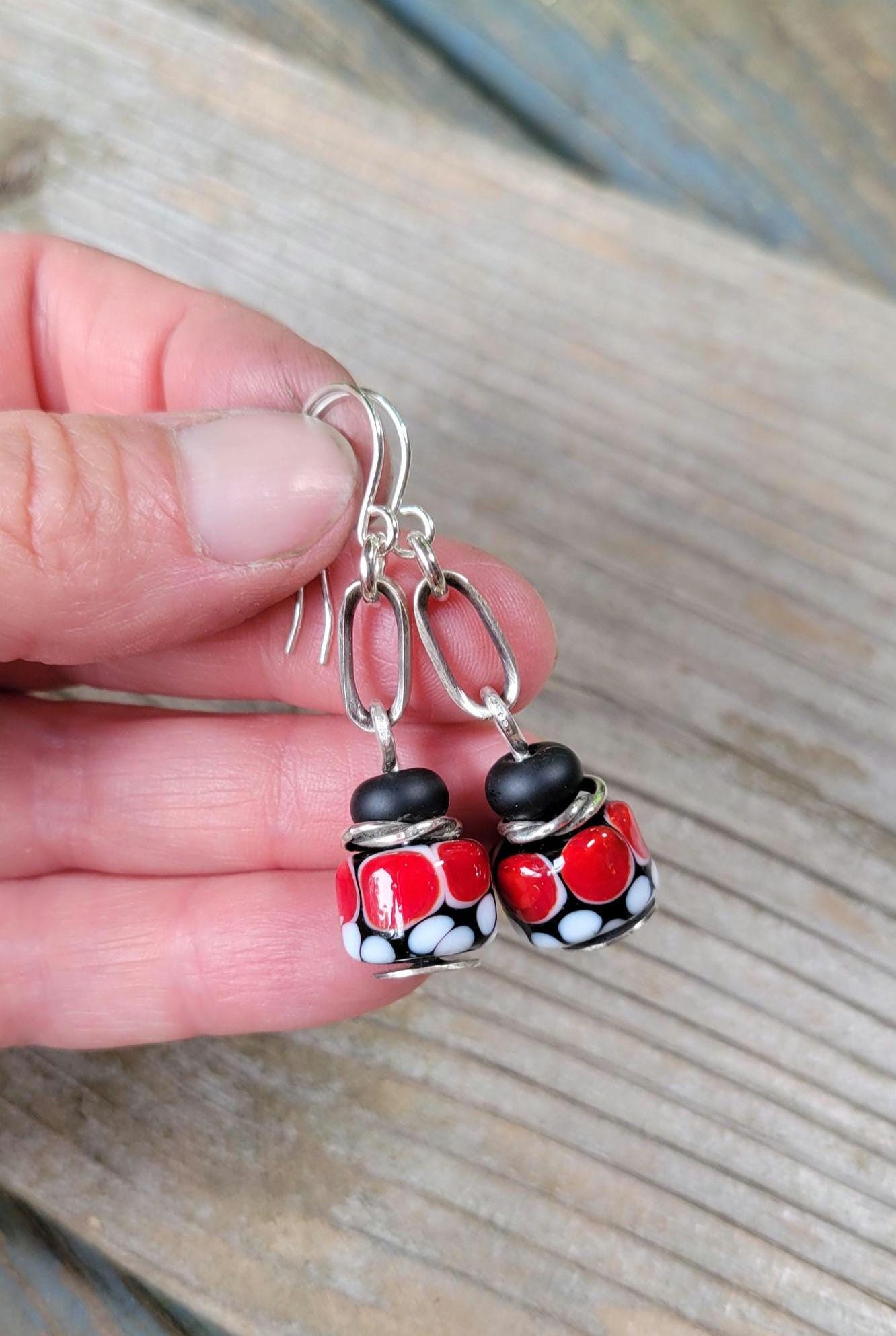 Lady Bug Artisan Glass earrings - handmade glass beads, handformed sterling silver, red, black, white dangle, beautiful gift