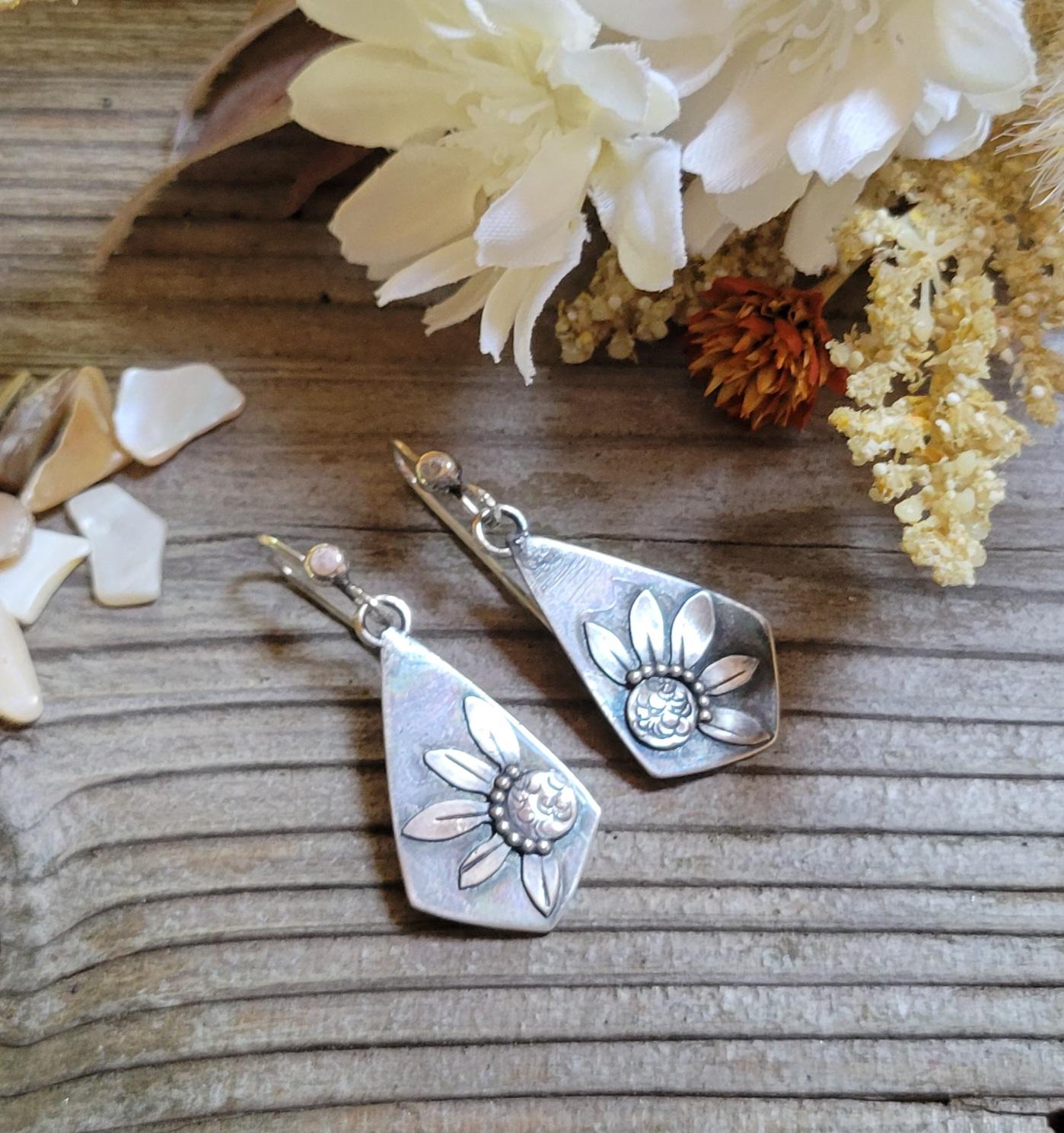 Silver Sunflower Earrings - sterling silver, handmade, hand crafted, kite, botanical, flower, silver dangles, lightweight, beautiful gift