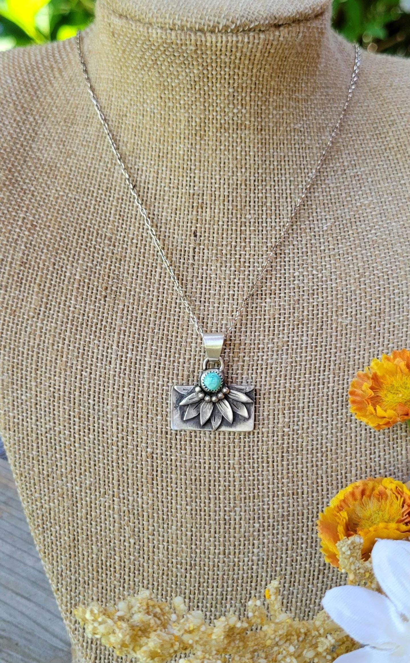 Hand Crafted Sterling Silver Sunflower Necklace featuring natural blue moon turquoise, flower, #1 of 2 sister necklaces, beautiful gift
