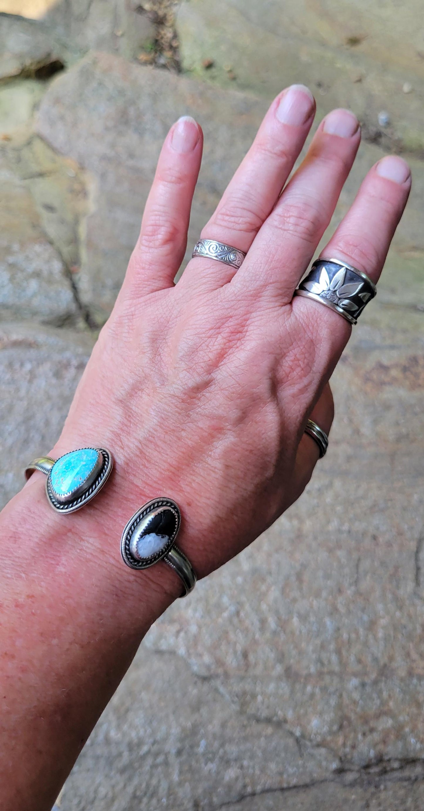 White Buffalo Golden Hills Turquoise Cuff - sterling silver, hand crafted, open cuff, bracelet, bangle, blue, black white, beautiful gift