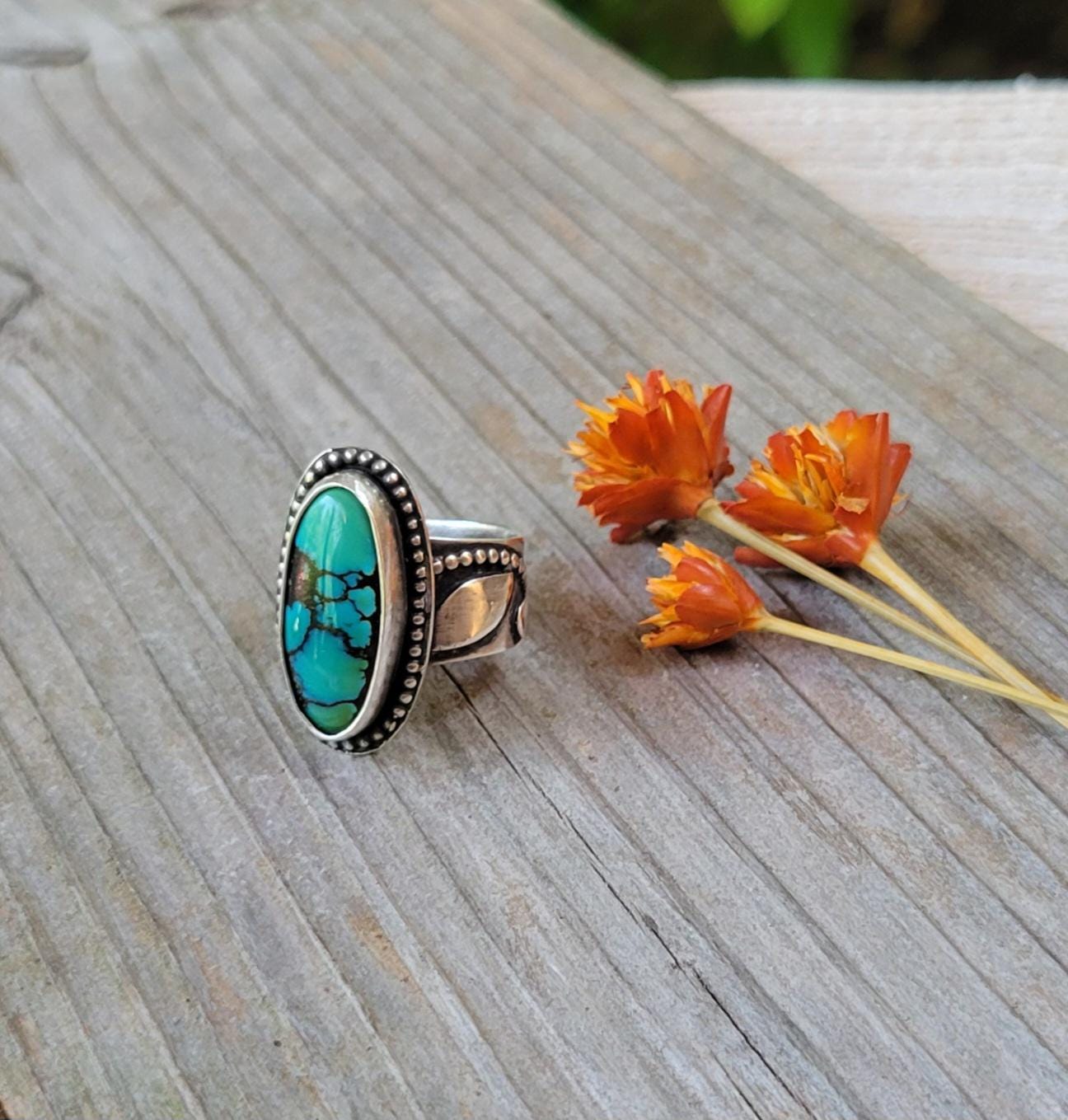 Green Turquoise Ring - handmade, 100% fabricated by hand, vine ring shank, leaves, leaf, sterling silver ring, beautiful gift, Size 6.5 USA