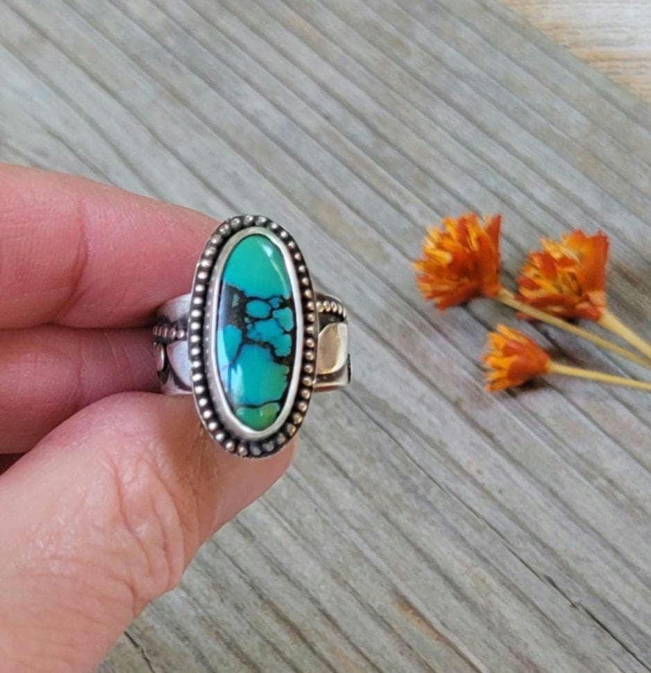 Green Turquoise Ring - handmade, 100% fabricated by hand, vine ring shank, leaves, leaf, sterling silver ring, beautiful gift, Size 6.5 USA