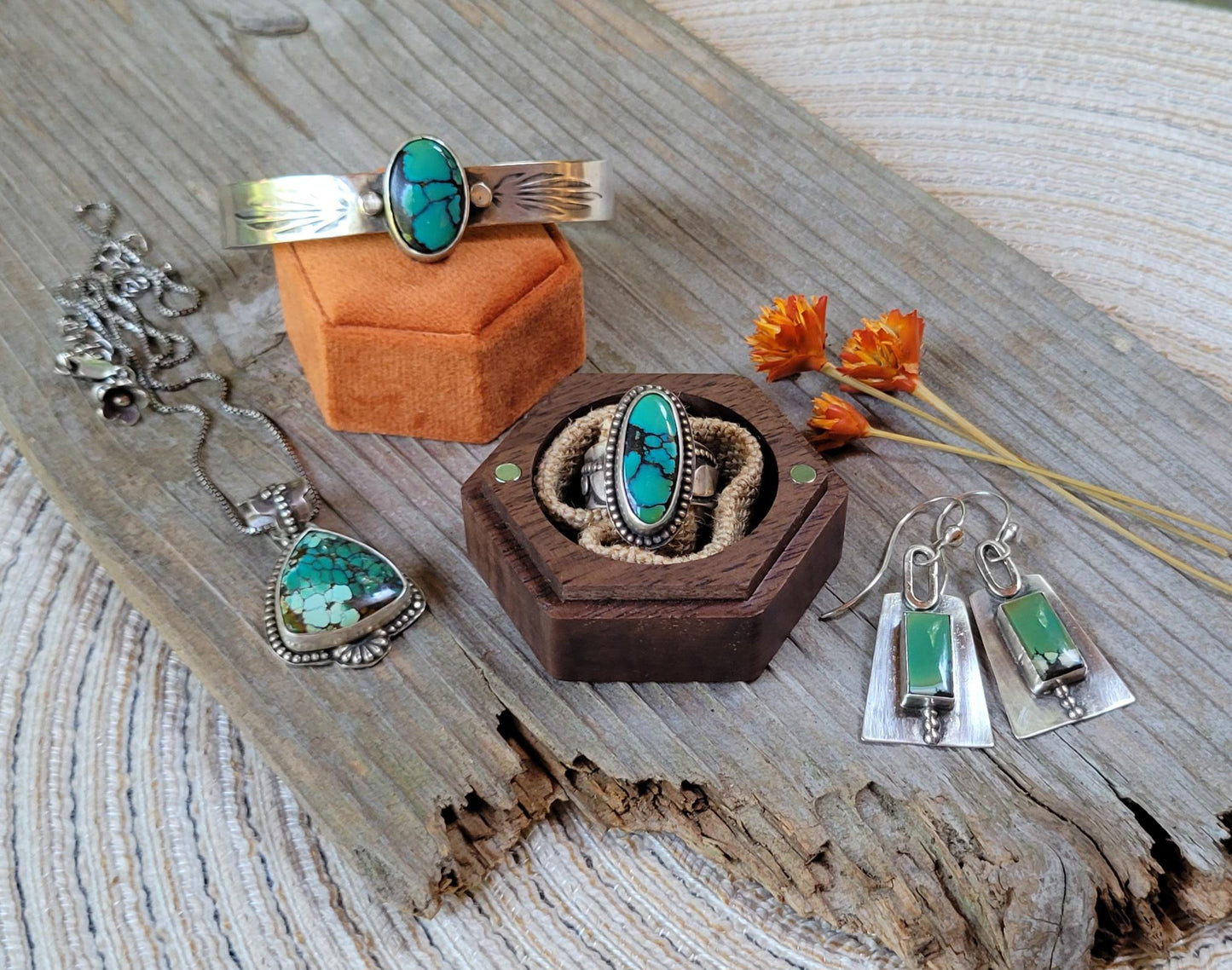 Green Turquoise Pendant in Sterling Silver Necklace - handmade, Polychrome Trillion Qingu, natural stone, flower, dainty, beautiful gift