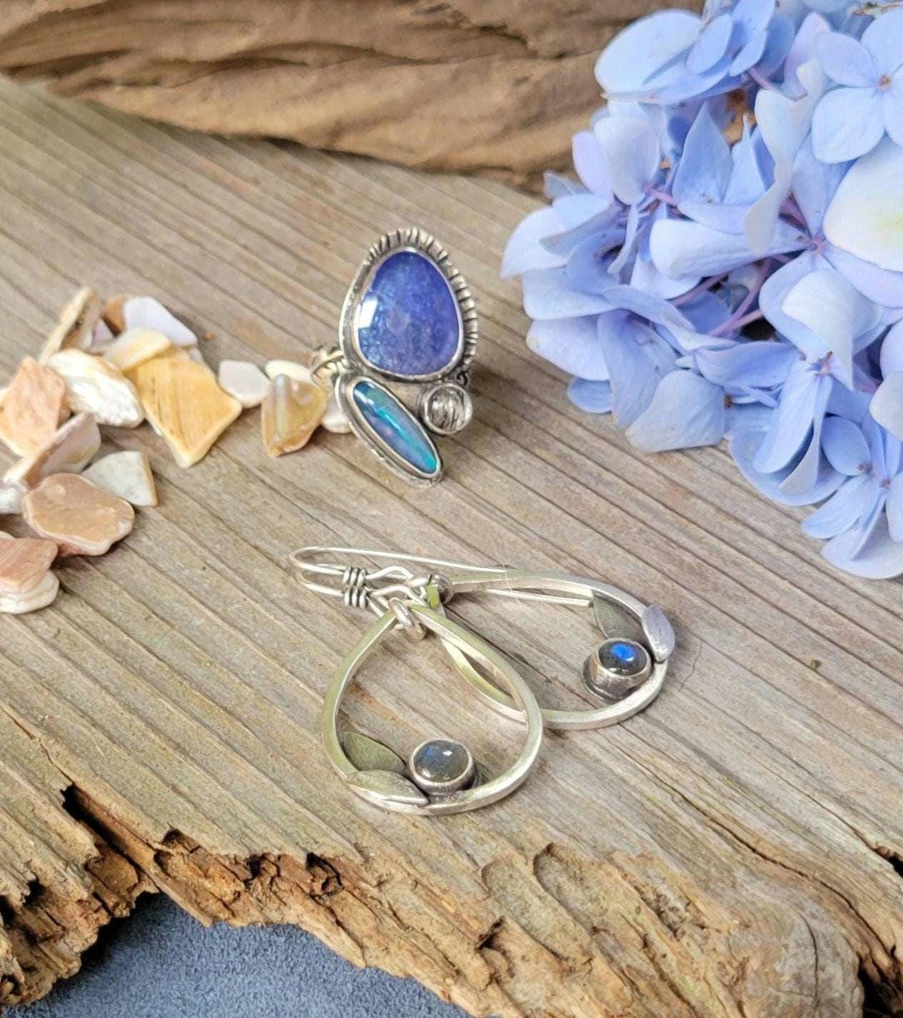 Tanzanite and Idaho Spencer Opal Sterling Silver Ring - blue, lavender, perwinkle, high grade Tanzanite, quartz, handmade, beautiful gift