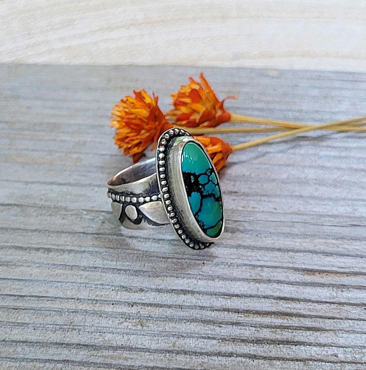 Green Turquoise Ring - handmade, 100% fabricated by hand, vine ring shank, leaves, leaf, sterling silver ring, beautiful gift, Size 6.5 USA