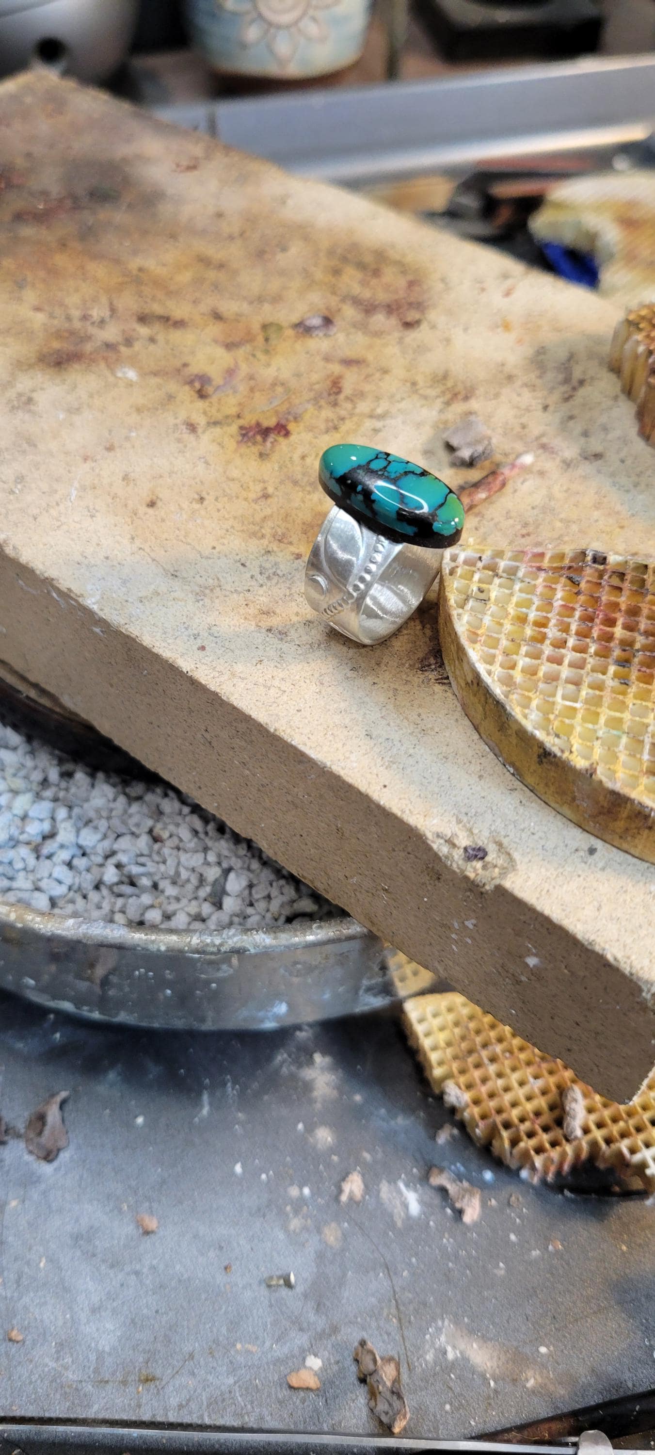 Green Turquoise Ring - handmade, 100% fabricated by hand, vine ring shank, leaves, leaf, sterling silver ring, beautiful gift, Size 6.5 USA