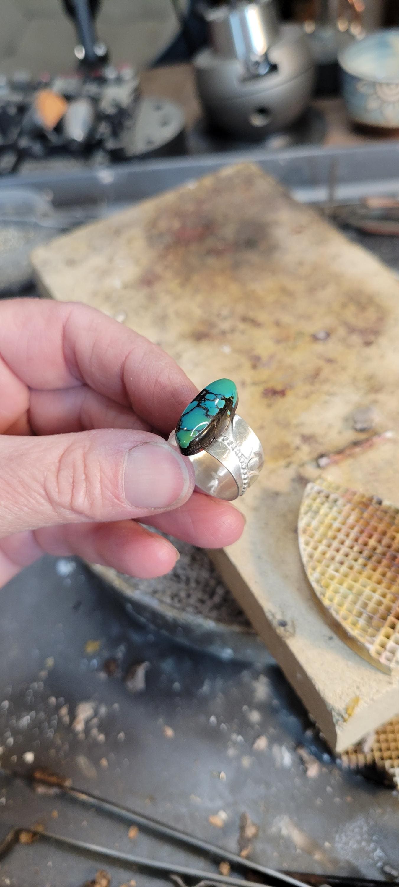 Green Turquoise Ring - handmade, 100% fabricated by hand, vine ring shank, leaves, leaf, sterling silver ring, beautiful gift, Size 6.5 USA