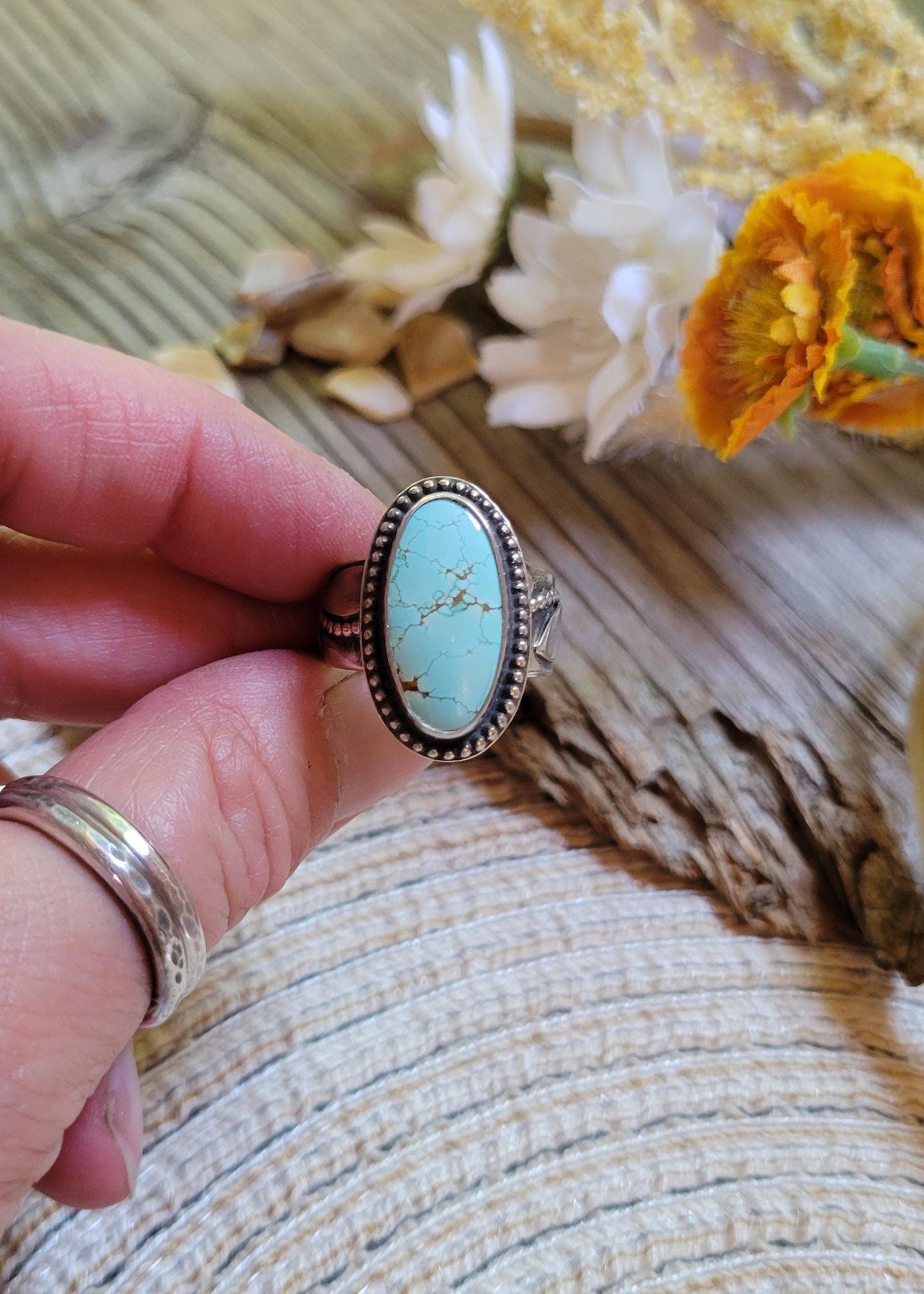 Turquoise Ring - sterling silver, blue, Golden Hills, handmade, 100% fabricated by hand, vine ring shank, leaves, beautiful gift, Size 7 USA