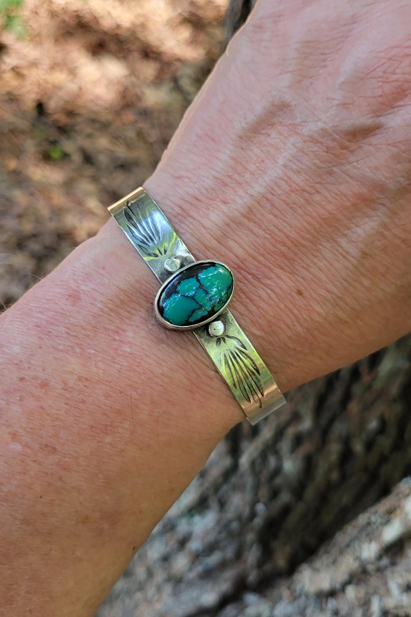 Green Hubei Turquoise Sterling Silver Cuff - handcrafted, handmade, green Hubei Turquoise, ethically sourced, stamped cuff, beautiful gift