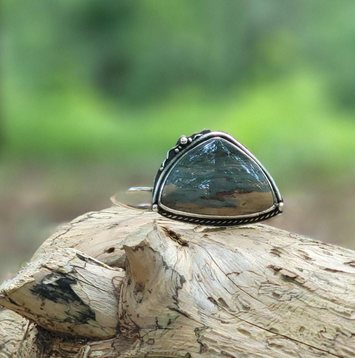 Jasper Cuff - Natural stone, blue, grey, sterling silver cuff, handmade, bracelet, landscape, southwestern, feather, sun