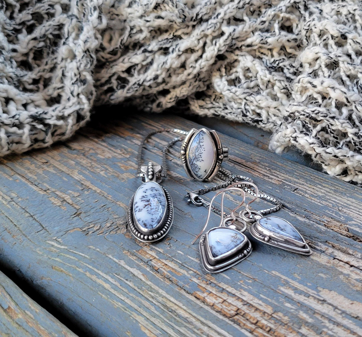 Dendritic Agate Sterling Silver Ring - handmade, scenic stone, snow, winter, gray, white, modern but classic, beautiful gift, Size 7 USA