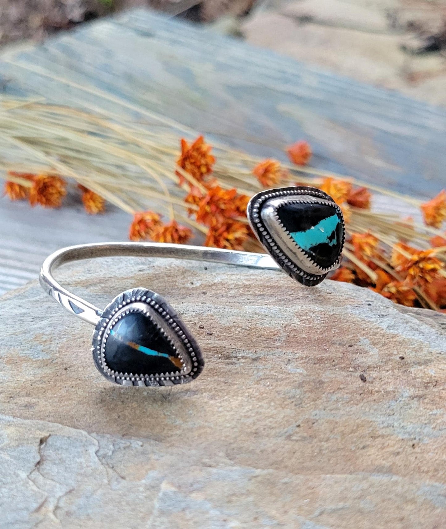 Natural Black Jack Turquoise Open Silver Cuff - handmade, bracelet, sterling, southwestern, blue, black,orange, ribbon, beautiful gift