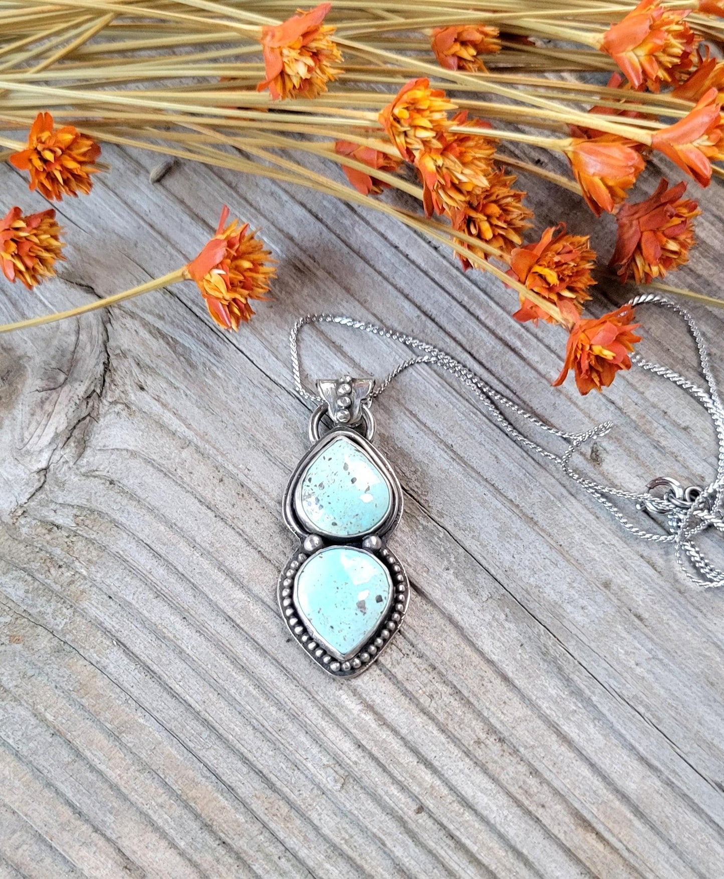 Natural Turquoise Silver Necklace - natural light blue lone mountain turquoise double stone set in sterling silver, handmade, beautiful gift