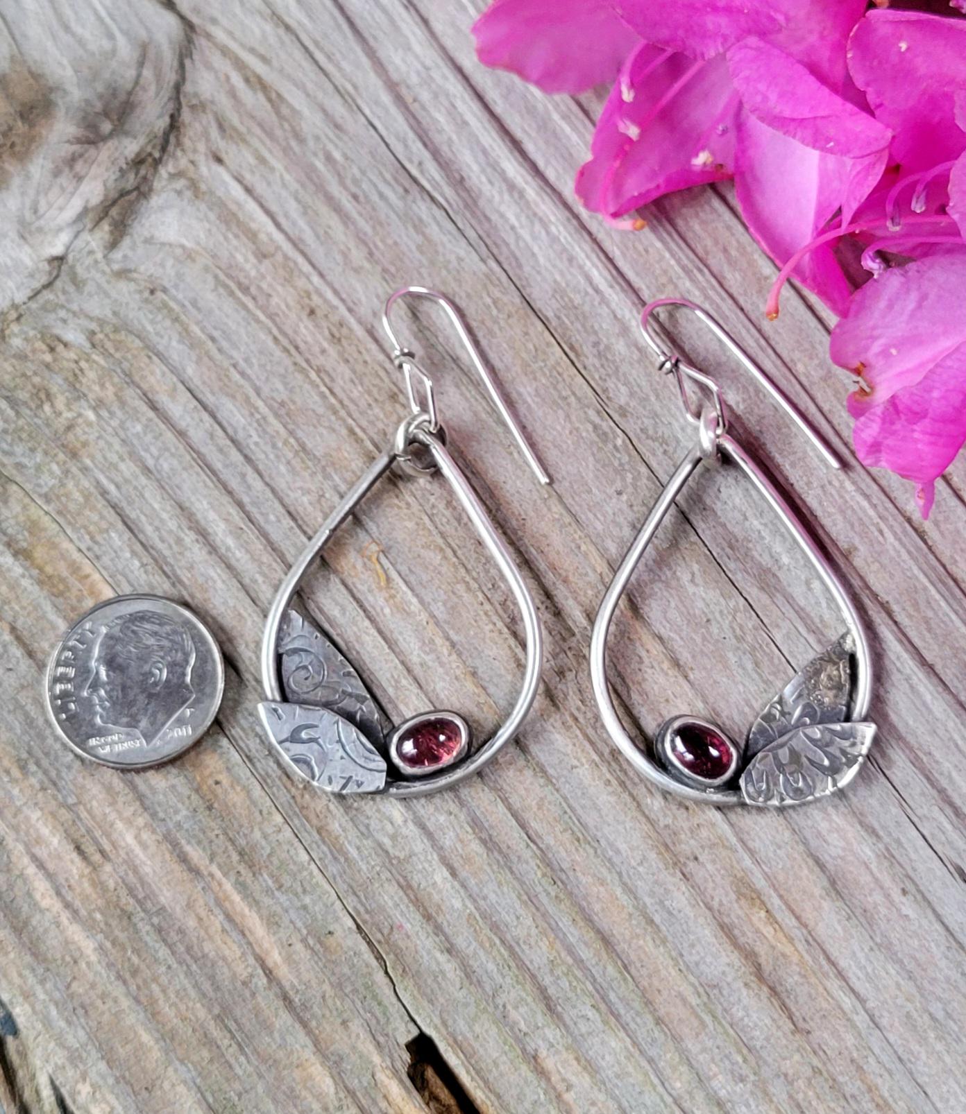 Hot Pink Sterling Silver Leaf Hoops - handmade earrings, natural tourmaline gemstones, teardrop, leaves, very lightweight, beautiful gift