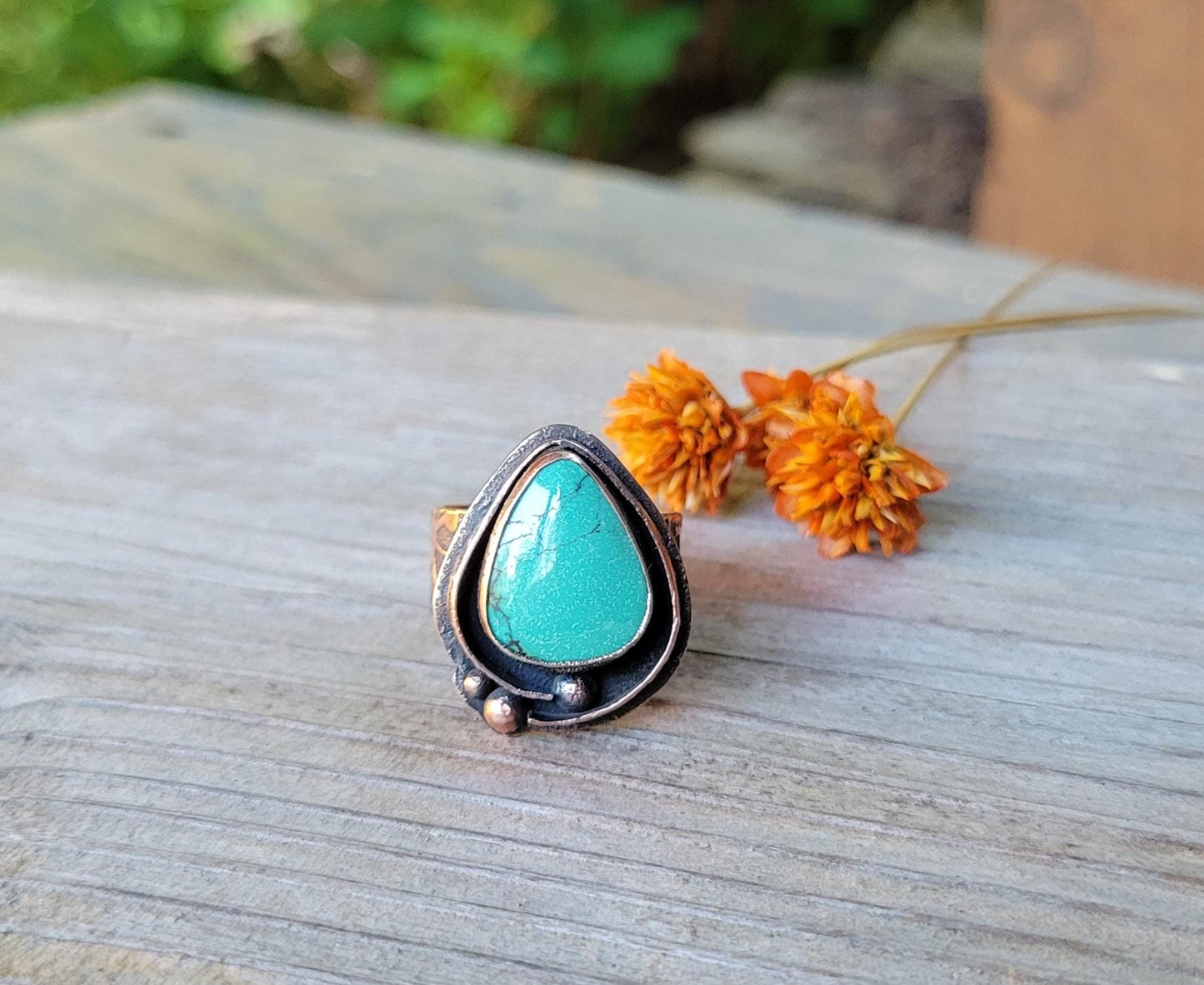 Green Hubei Turquoise Copper Ring - handmade, antiqued hammered copper, rugged, solid, beautiful gift, Size 7.5 USA
