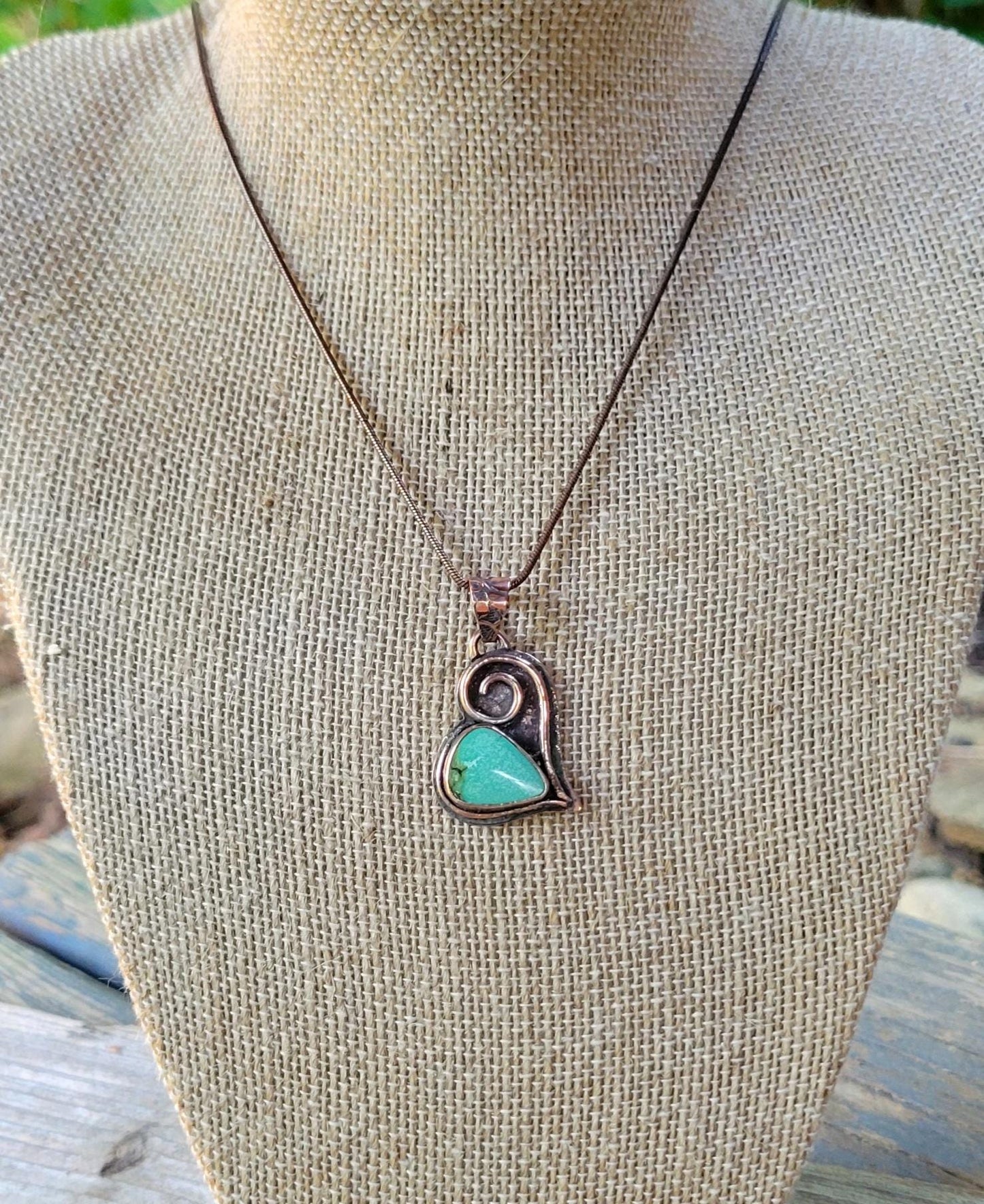 Turquoise Copper Heart Necklace - handmade, green hubei turquoise stone, antiqued flower pattern copper, rugged, solid, beautiful gift
