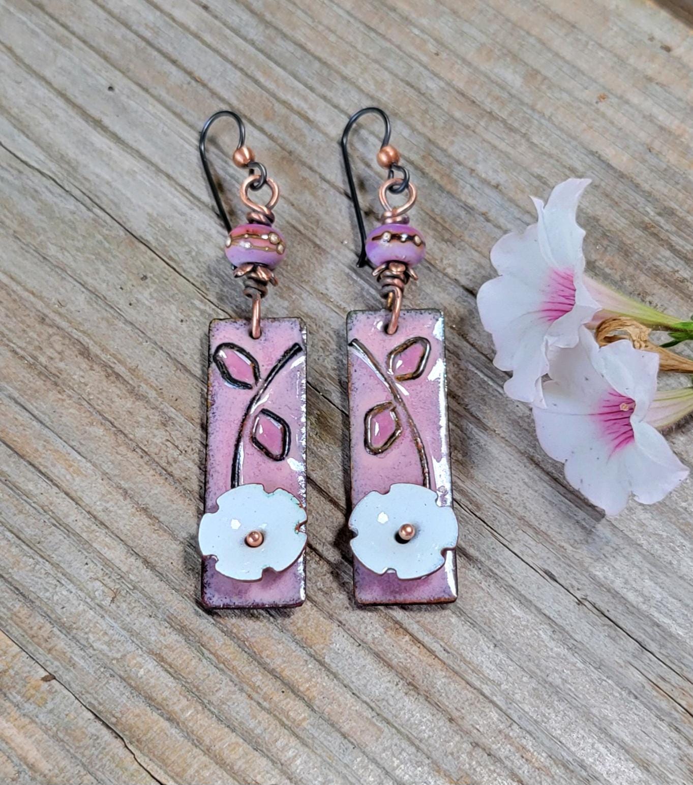 Pink & White Flower Torch Enamel Earrings - handmade, dark pink petals, copper, artisan lampwork glass beads, lightweight, beautiful gift