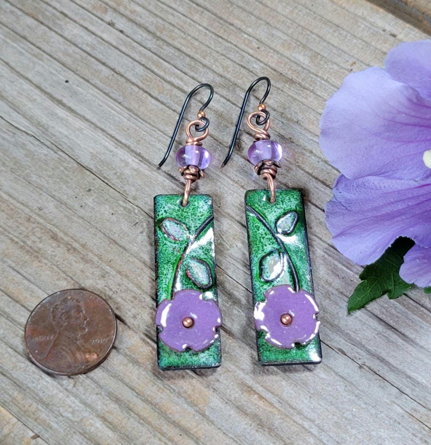 Purple Flower Torch Enamel Earrings - handmade, lavender petals, green, copper, artisan lampwork glass beads, lightweight, beautiful gift