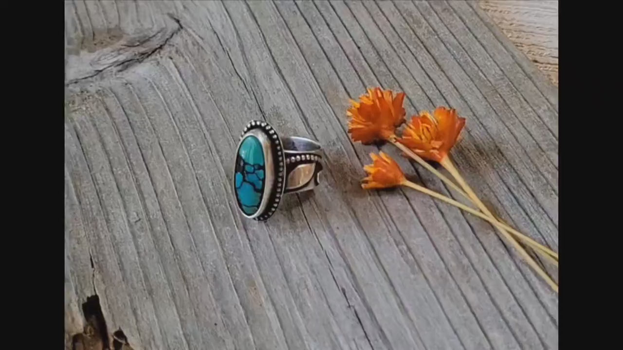 Green Turquoise Ring - handmade, 100% fabricated by hand, vine ring shank, leaves, leaf, sterling silver ring, beautiful gift, Size 6.5 USA