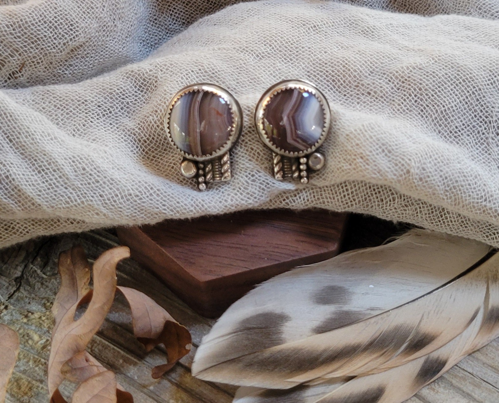 Small round Agate stone and silver post earrings