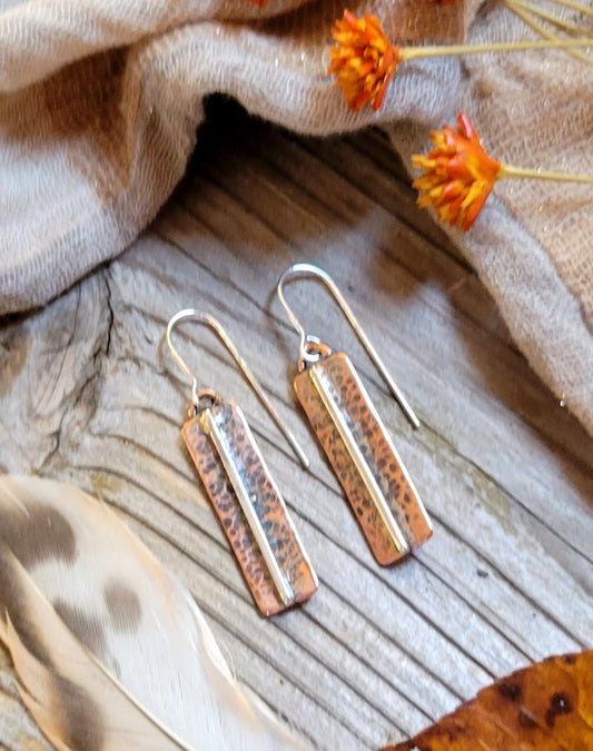 Hammered copper and silver earrings