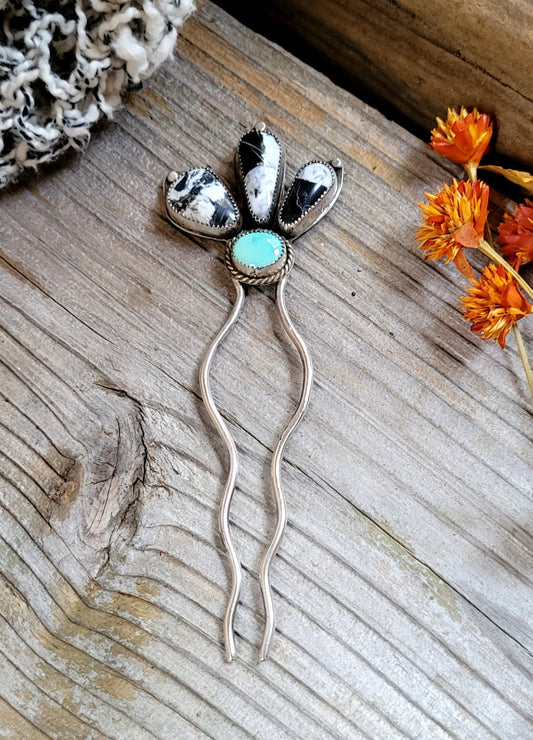 White buffalo flower shaped turquoise hair fork