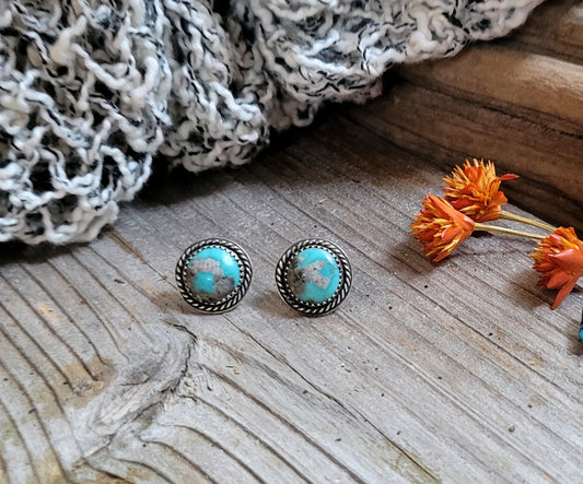 Blue Morenci Turquoise Small Round Post Earrings Handmade