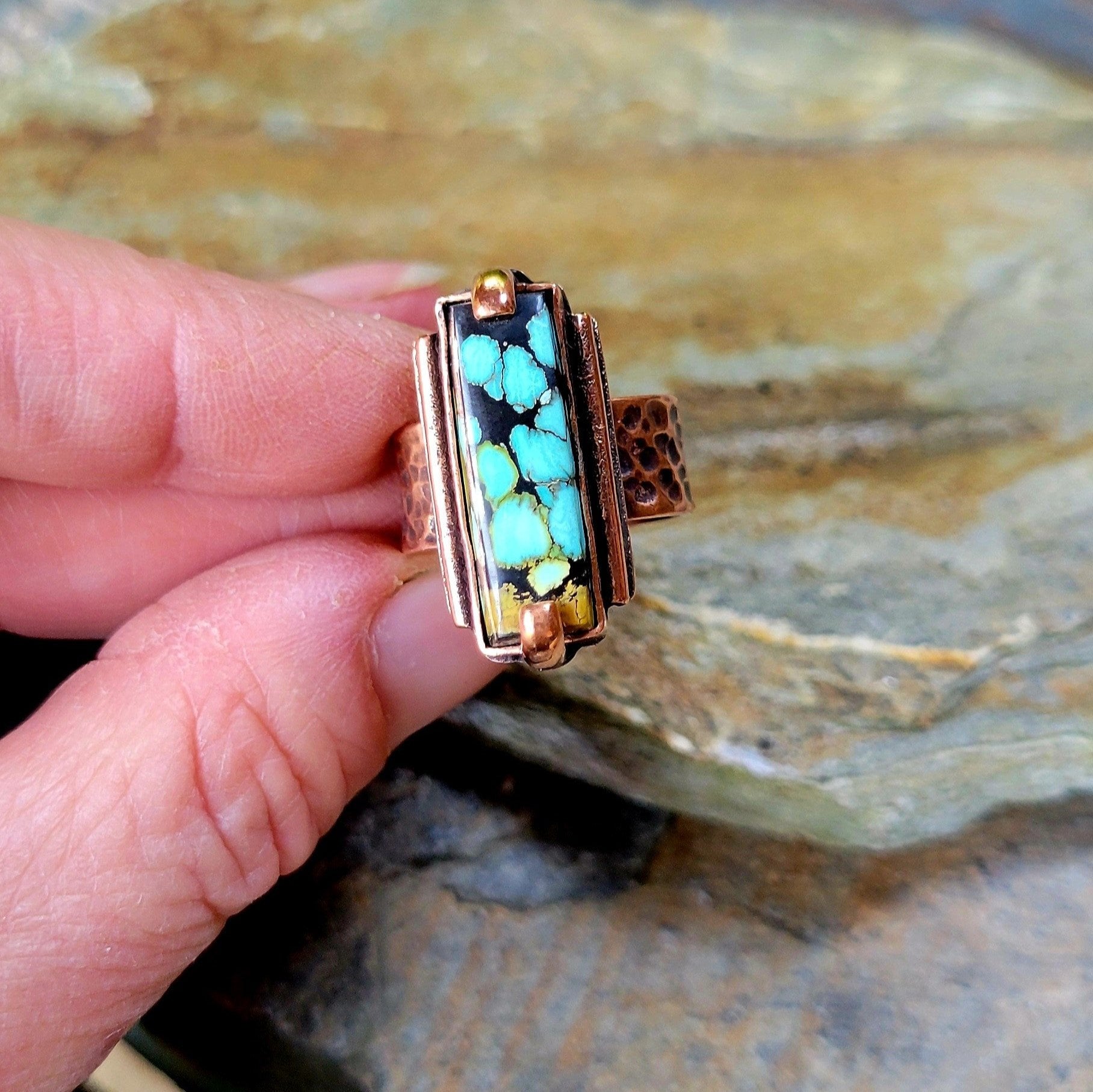 Hammered copper turquoise ring