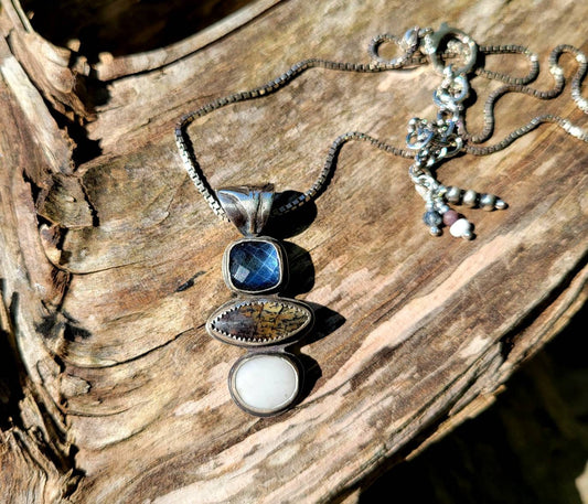 Stacked stone silver necklace