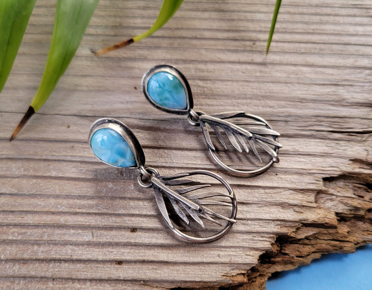 Larimar Palm frond earrings silver