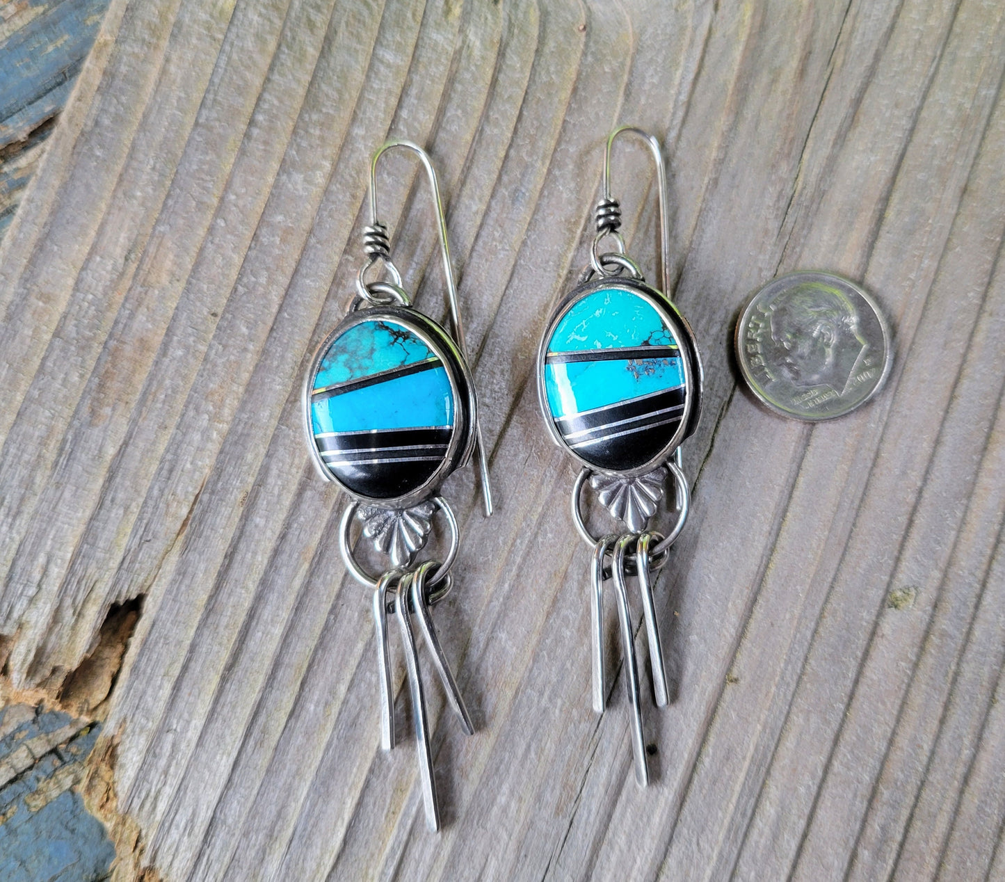 Turquoise Inlay Silver Fringe Earrings - handcrafted inlay by artisan Robert Redus, handmade, fringe, dangle, southwestern, beautiful gift