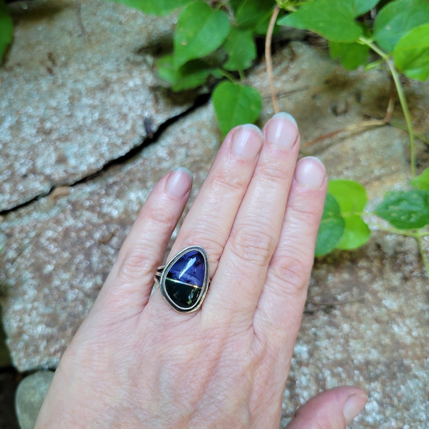 Jasper Tiffany Stone Silver Ring - handmade, purple, intarsia, natural stones, sterling, art, statement ring, Size 6.5 USA, beautiful gift