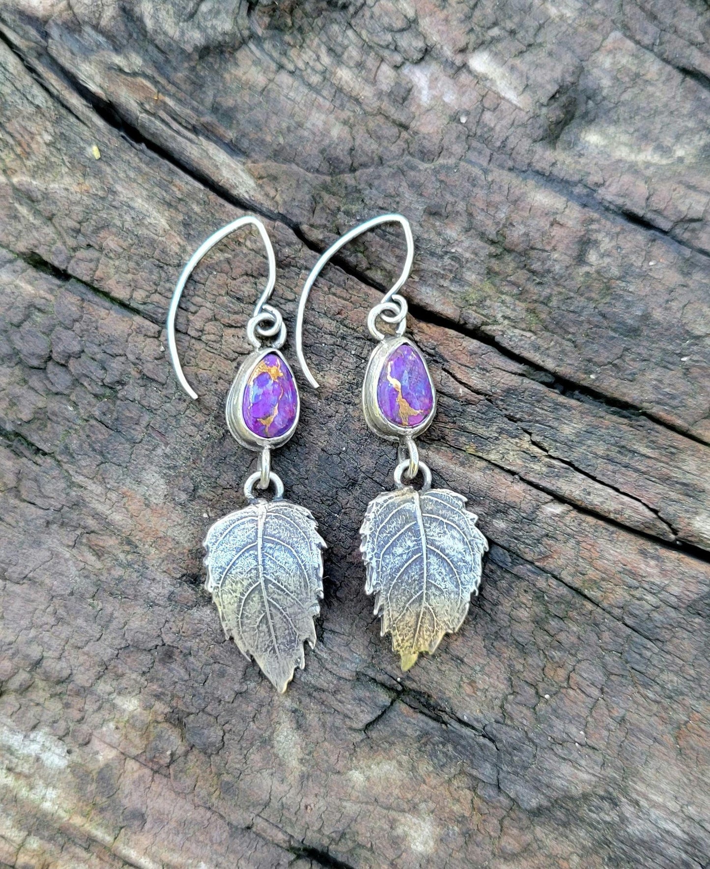 Sterling Silver Leaf Mohave Turquoise Earrings - handmade, hydrangea leaf impression in silver, purple, lightweight, dangle, beautiful gift