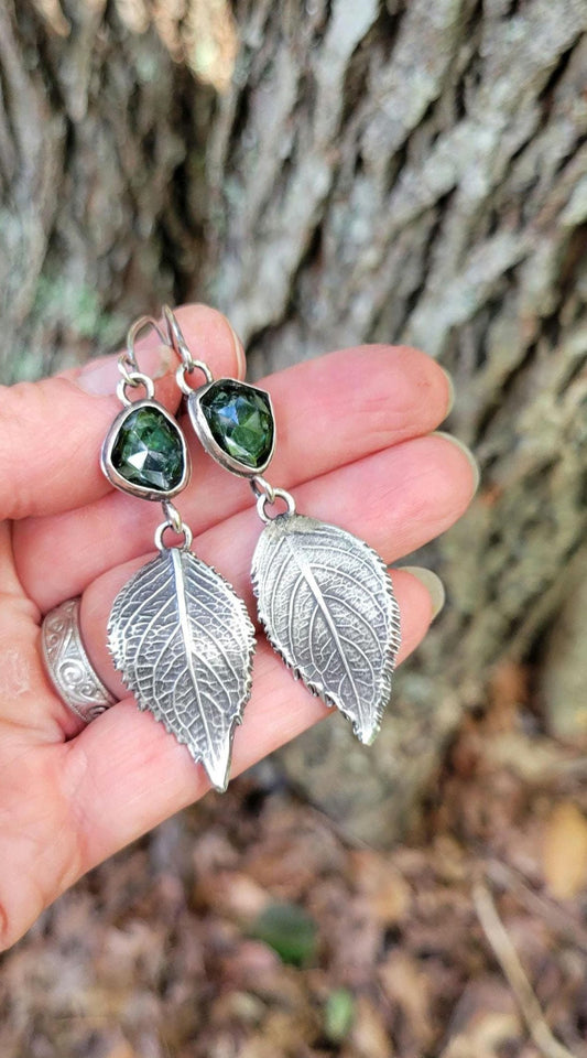 Tourmaline Silver Leaf Earrings