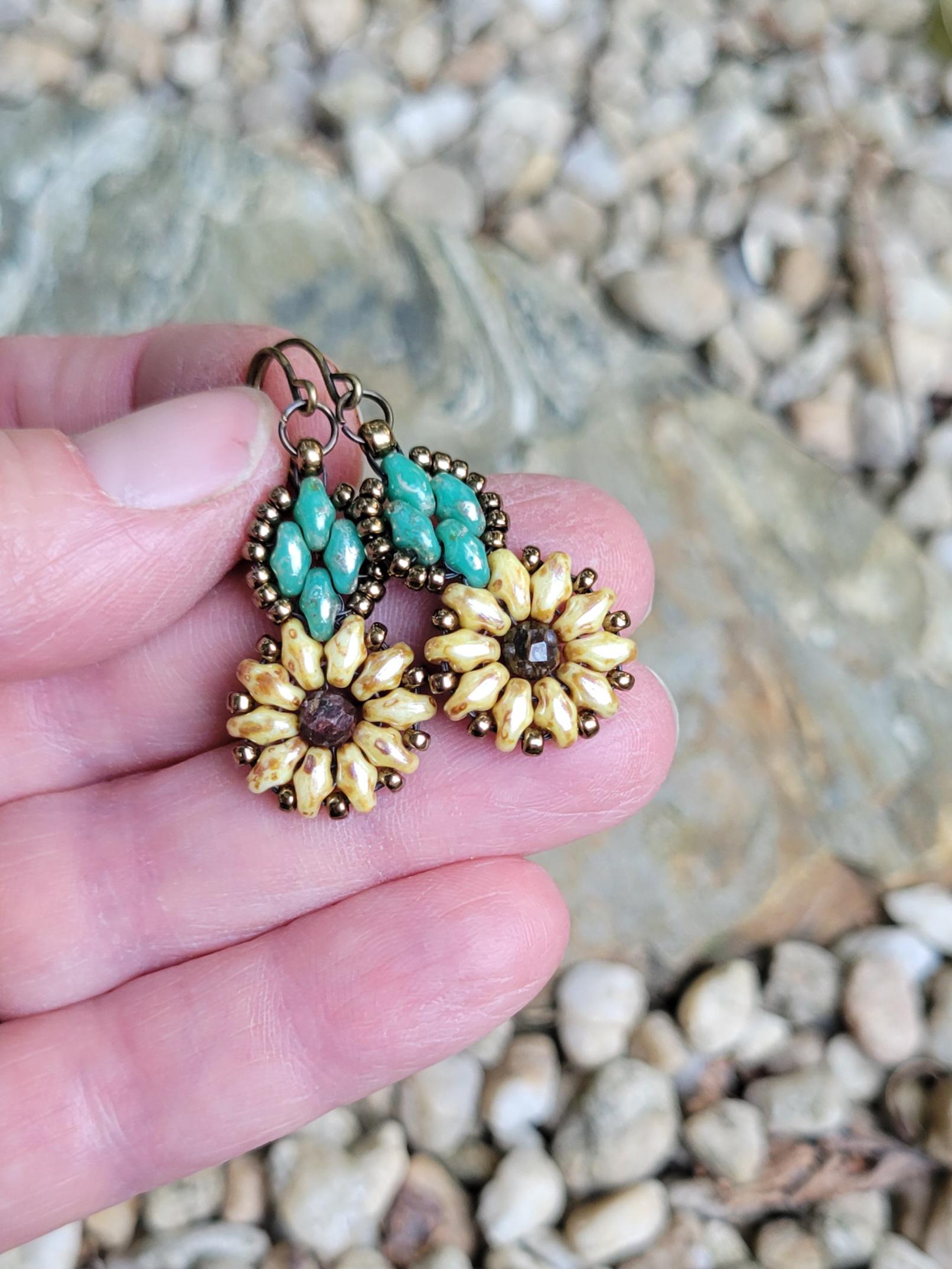 Yellow flower green leaf earrings