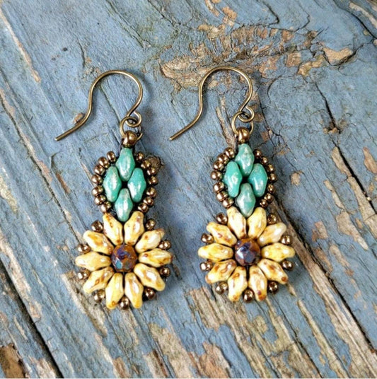 Handmade Sunflower Earrings  sewn glass