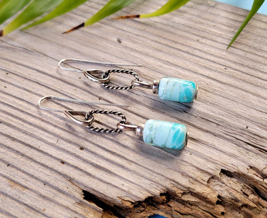 Handmade Blue Glass Earrings with twisted sterling silver dangles