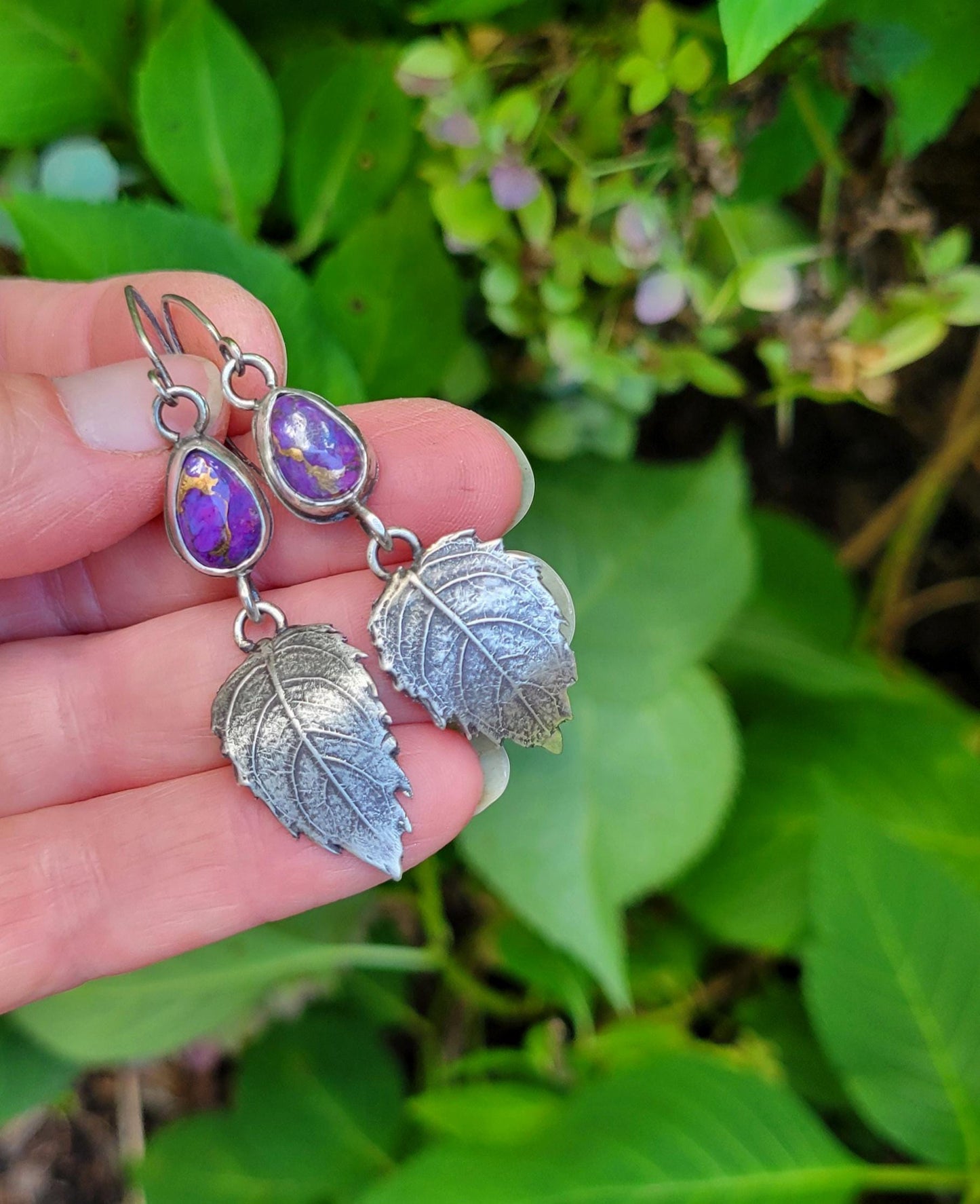 Sterling Silver Leaf Mohave Turquoise Earrings - handmade, hydrangea leaf impression in silver, purple, lightweight, dangle, beautiful gift