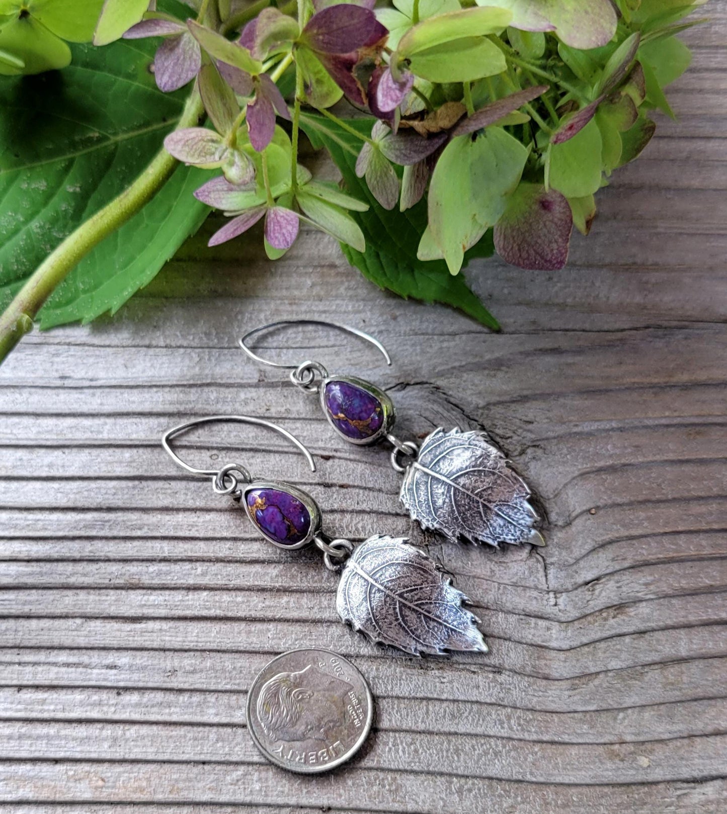 Sterling Silver Leaf Mohave Turquoise Earrings - handmade, hydrangea leaf impression in silver, purple, lightweight, dangle, beautiful gift