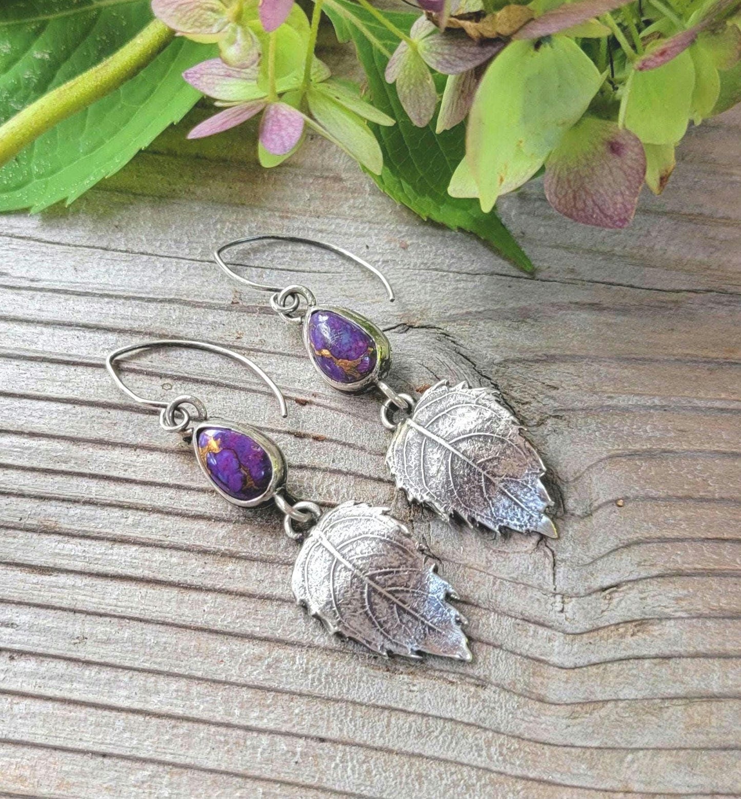 Sterling Silver Leaf Mohave Turquoise Earrings - handmade, hydrangea leaf impression in silver, purple, lightweight, dangle, beautiful gift