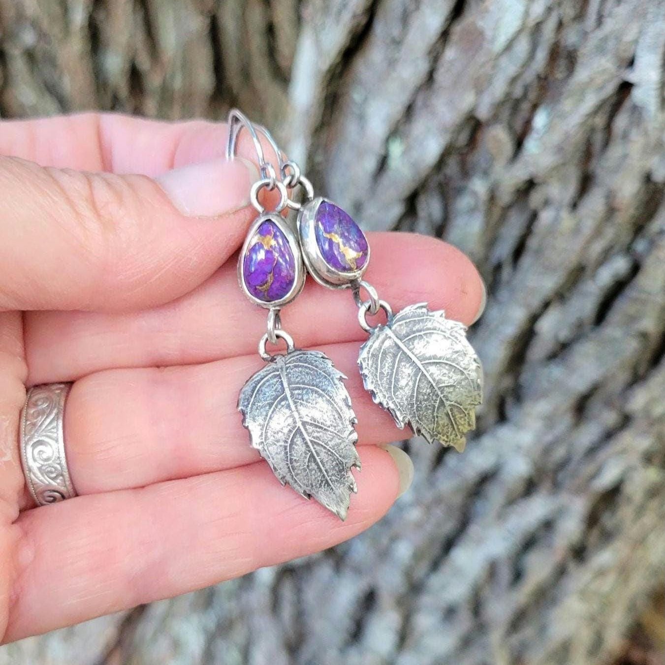 Sterling Silver Leaf Mohave Turquoise Earrings - handmade, hydrangea leaf impression in silver, purple, lightweight, dangle, beautiful gift