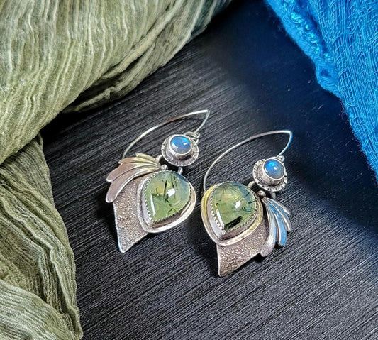 Handmade silver labradorite prehnite gemstone dangle earrings