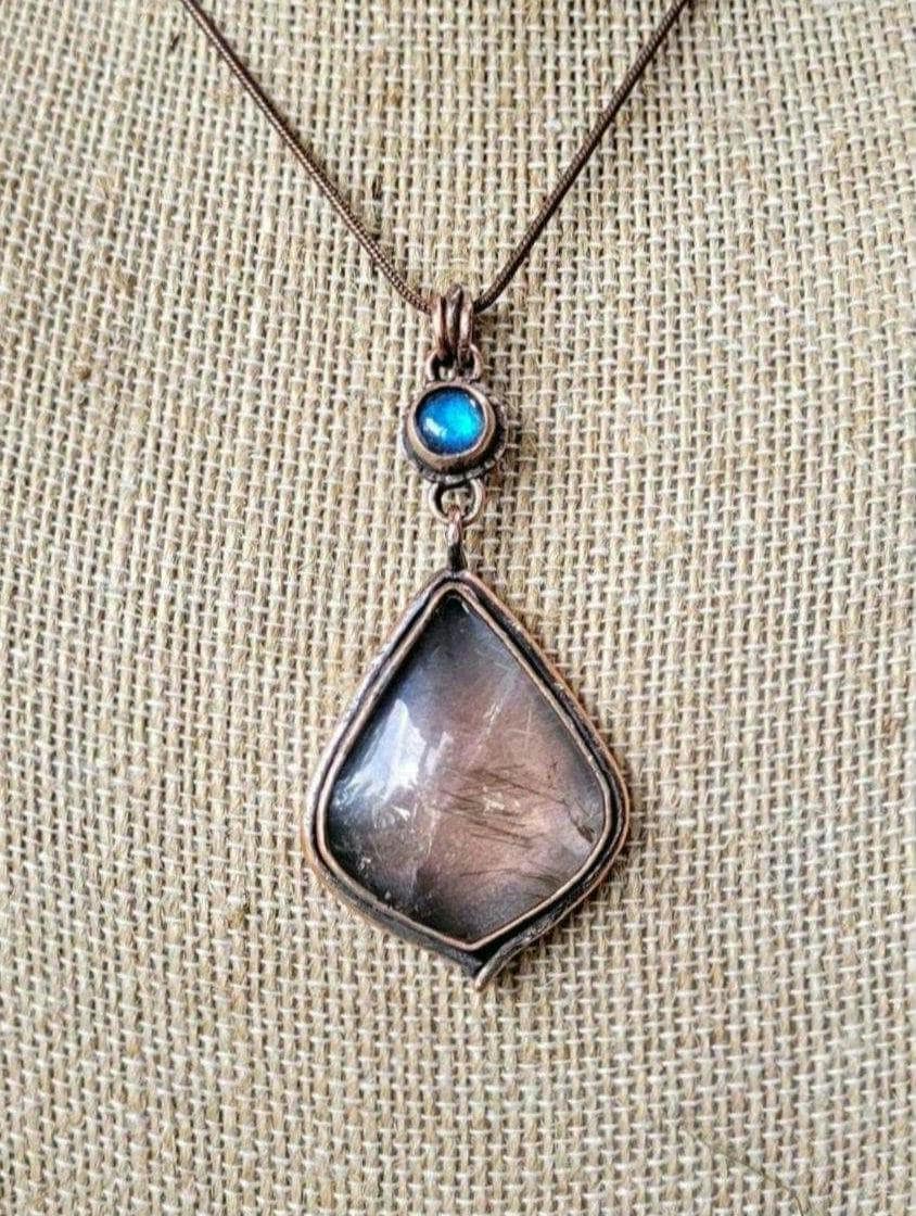 Rutile Quartz Shield in Copper with Labradorite Necklace 