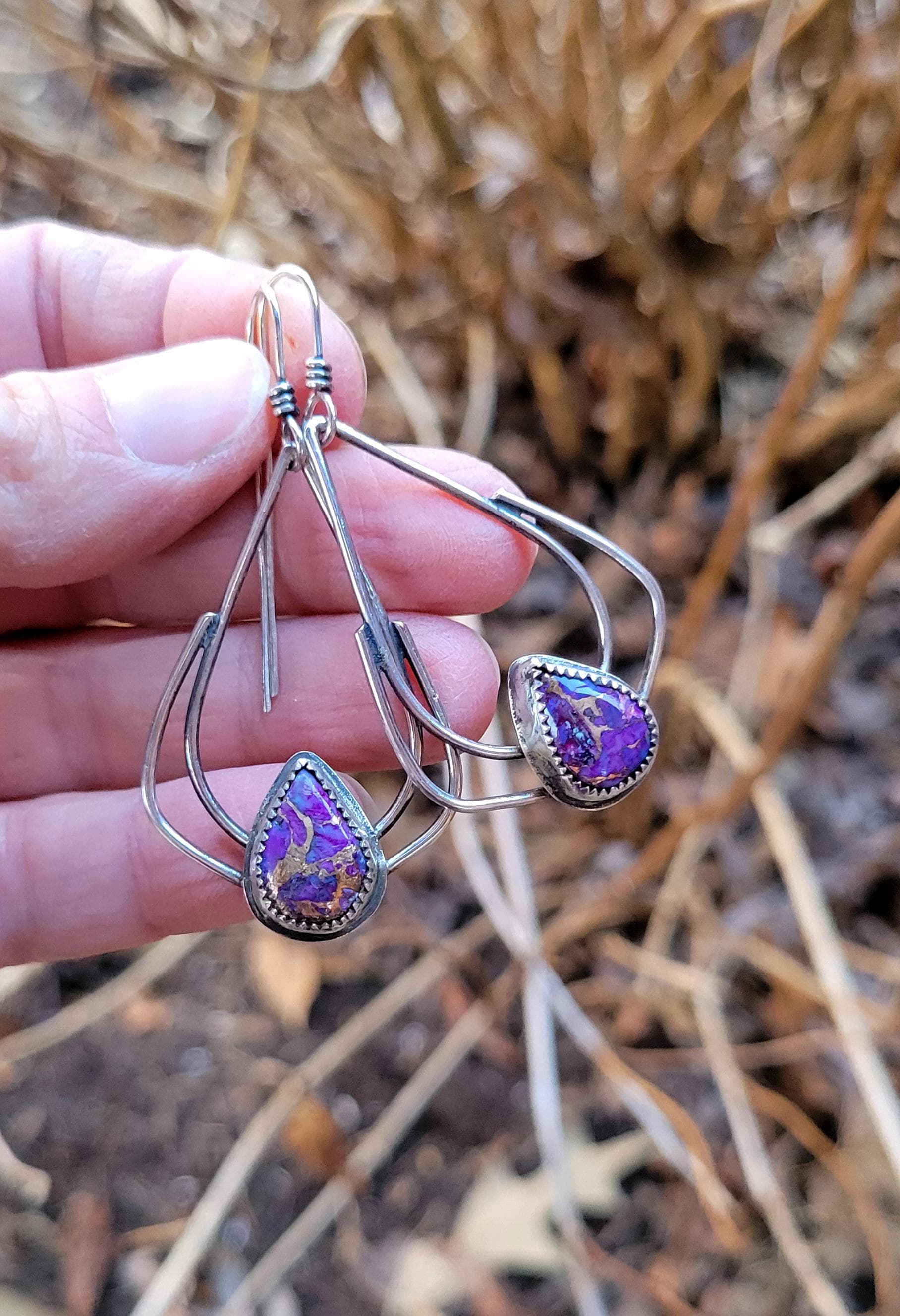 Mohave Hoop Earrings - handmade, purple Mohave turquoise from Kingman Mine, sterling silver hoops, teardrop, lightweight, beautiful gift
